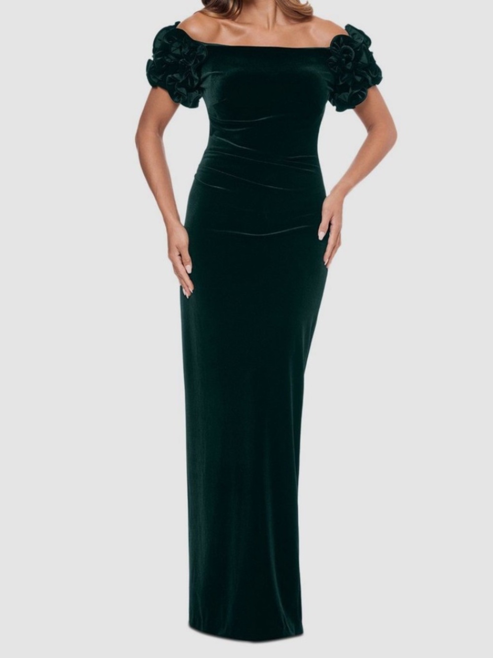 Xscape Women's Green Velvet Ruffled Off-Shoulder Gown Dress NWT